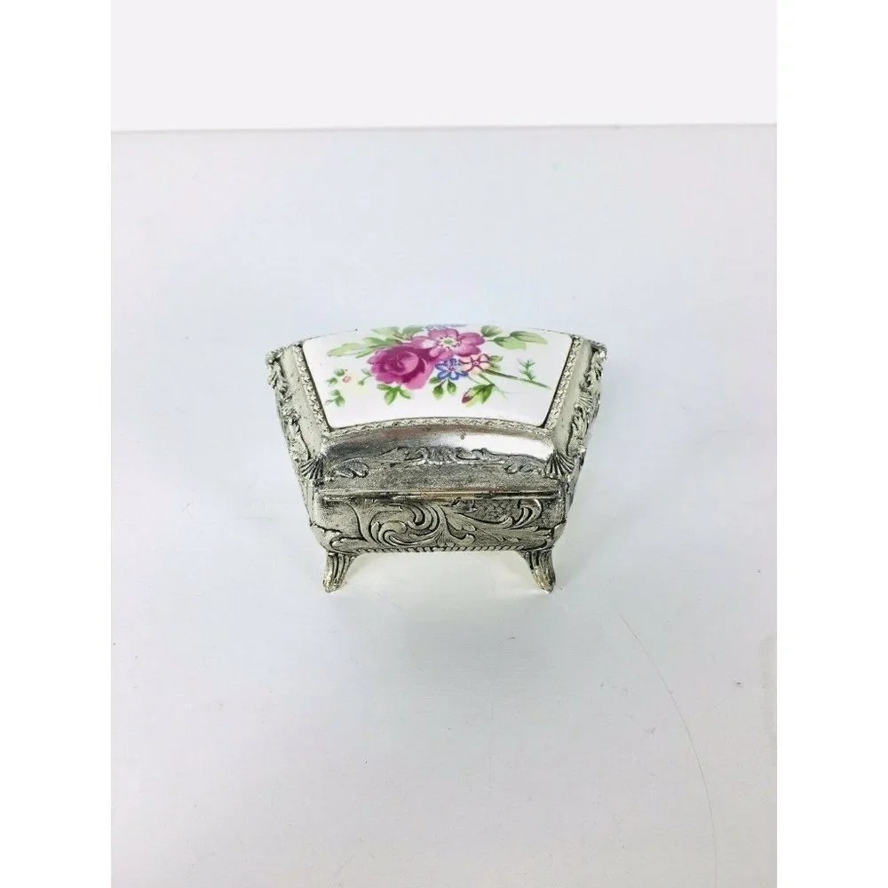 Vintage Silver and Porcelain Hand Painted Velvet Lined Jewelry Box Made Japan